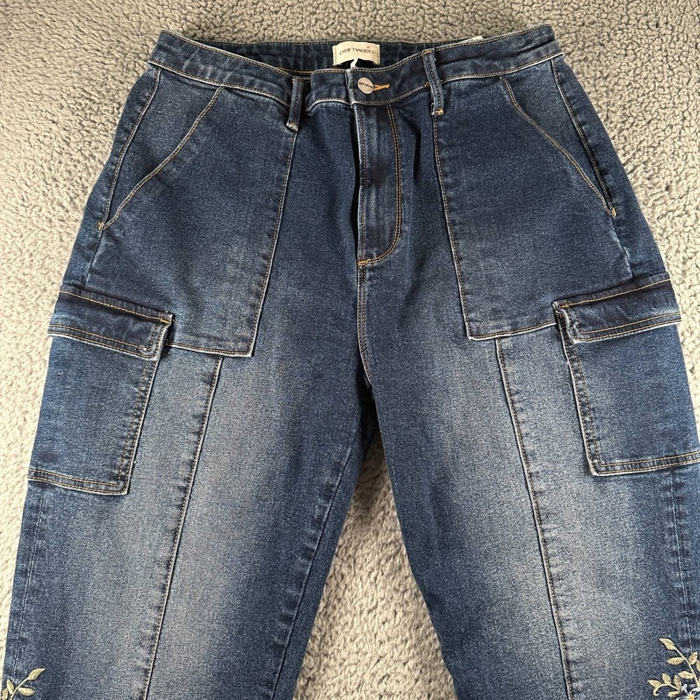 Driftwood Royce Cargo Jeans Womens 14 x 27L Cargo Embroidered Floral Blue Boho - Picture 2 of 13